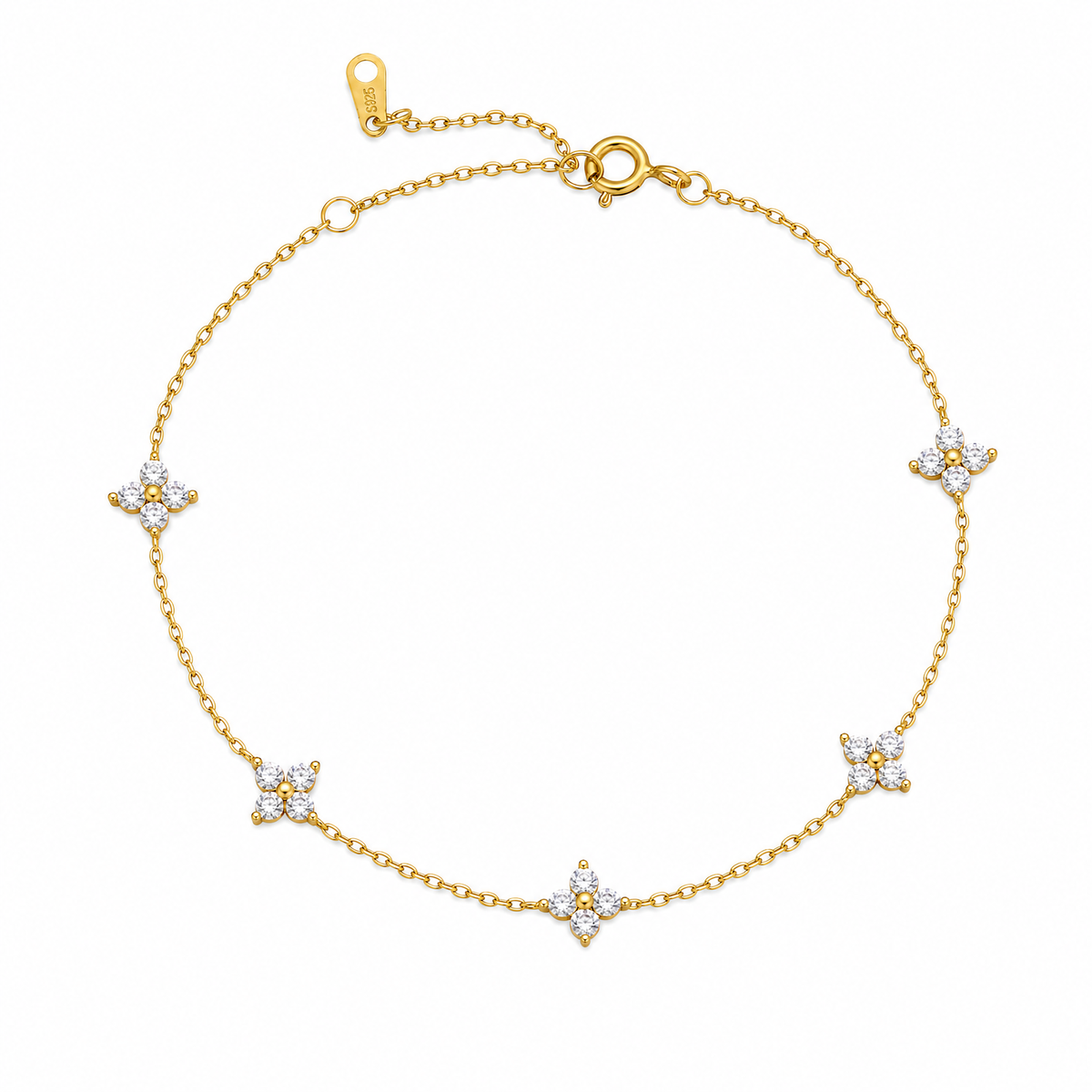 Crystal Flower Bracelet, 14K Gold Plated Sterling Silver Cable Chain