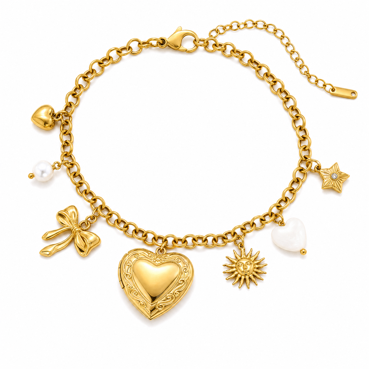 Chunky Mixed Charm Locket Bracelet, 18K Gold Plated Heart & Star Charms