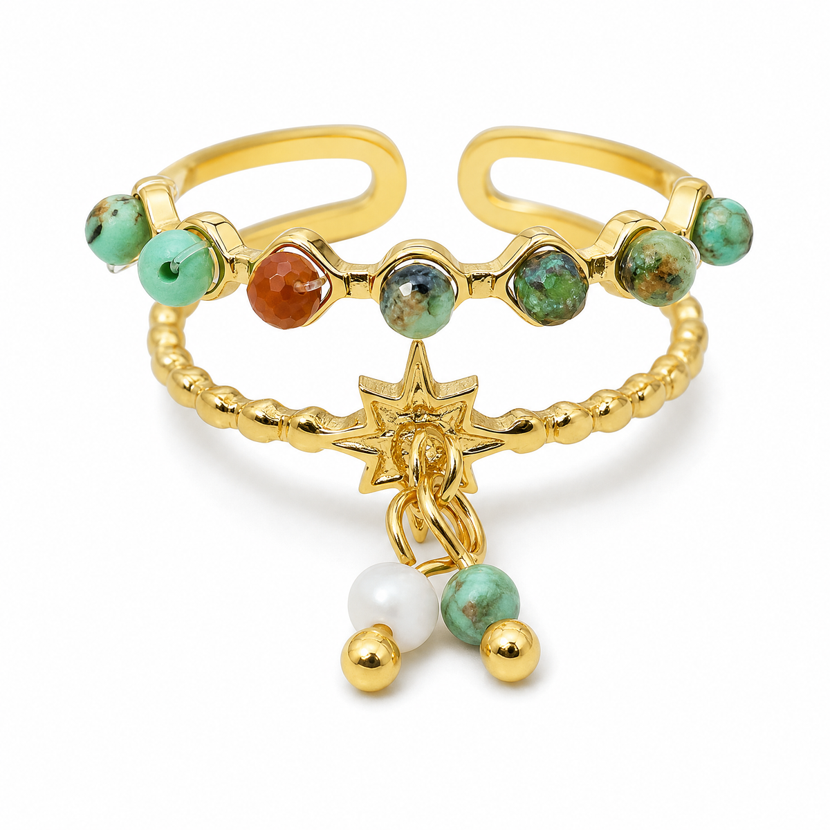 Beaded Double-Band Star Charm Ring