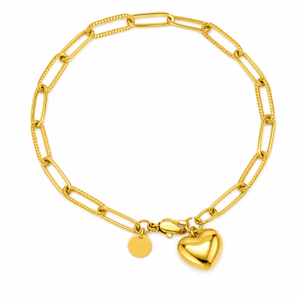 18K gold plated textured paperclip heart charm bracelet