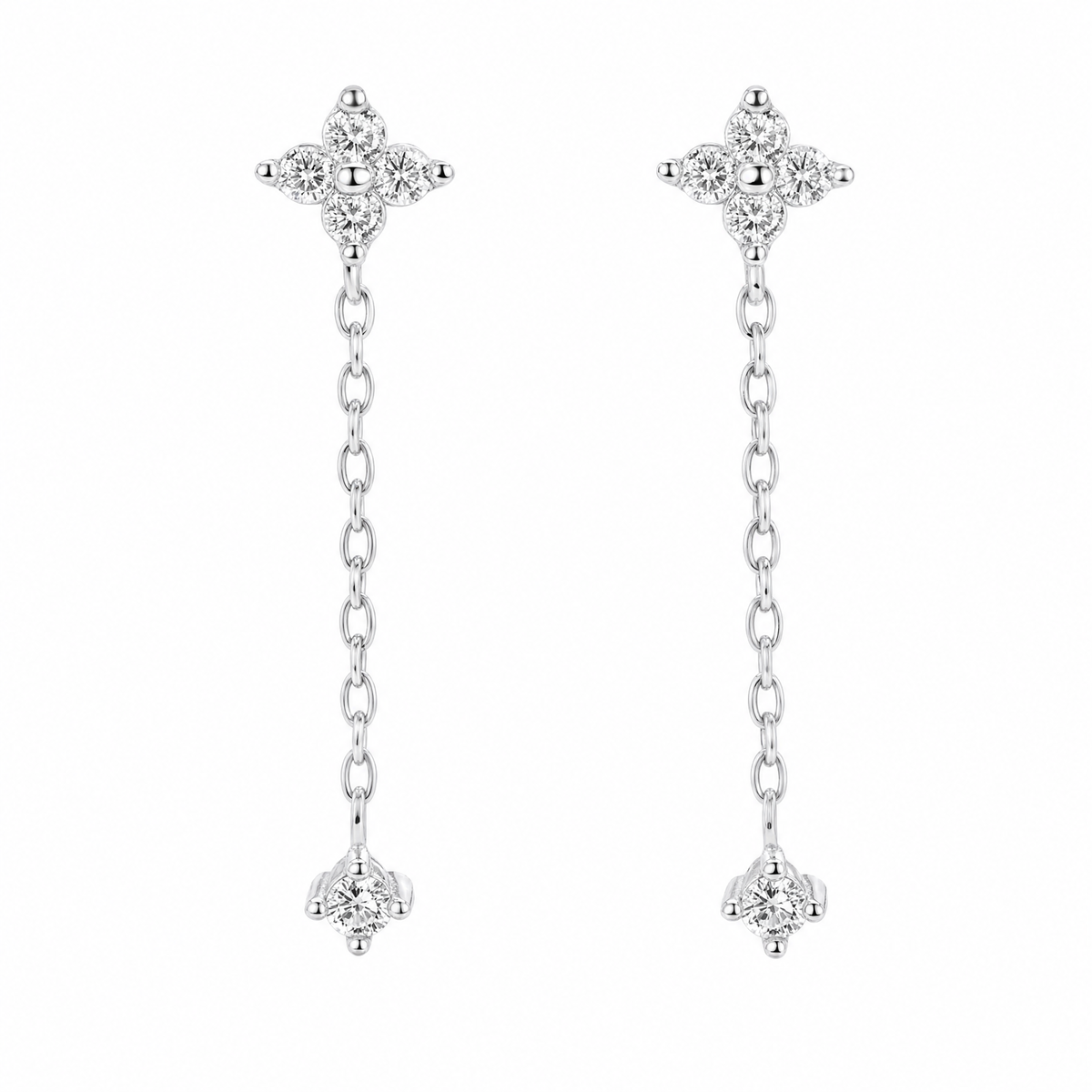 Sterling Silver Floral Crystal Chain Drop Earrings, Four-Petal