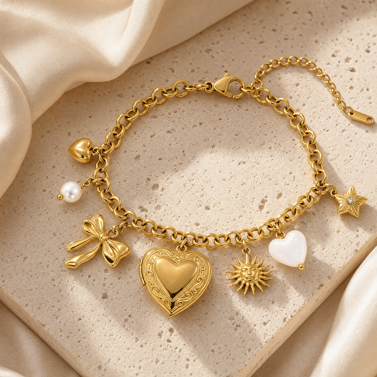 18K gold plated chunky mixed charm locket bracelet