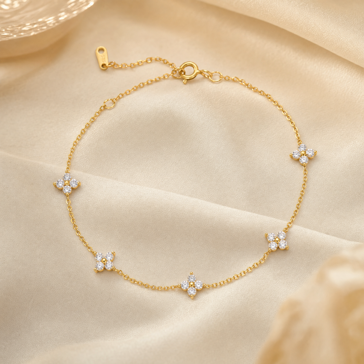 Crystal Flower Bracelet, 14K Gold Plated Sterling Silver Cable Chain