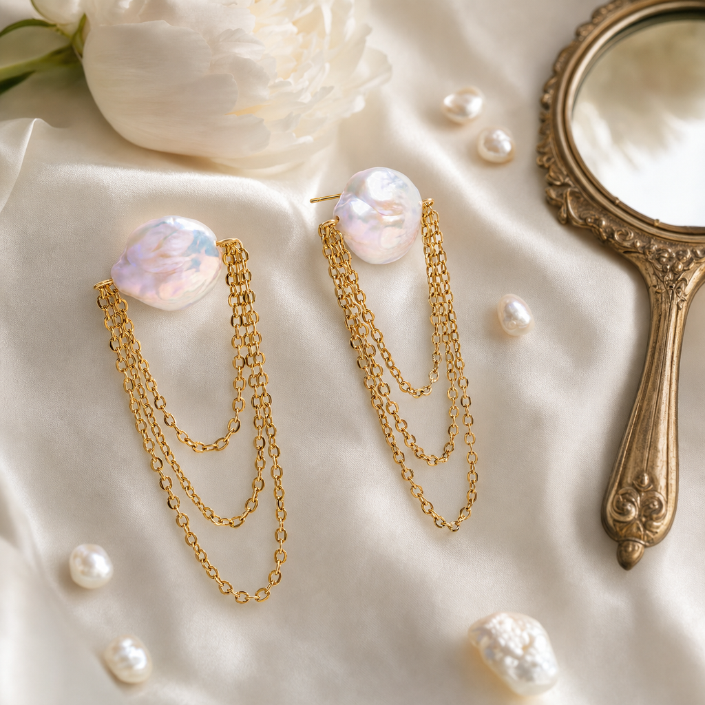 Pearl Layered Chain Drop Earrings, Gold & Silver Tones