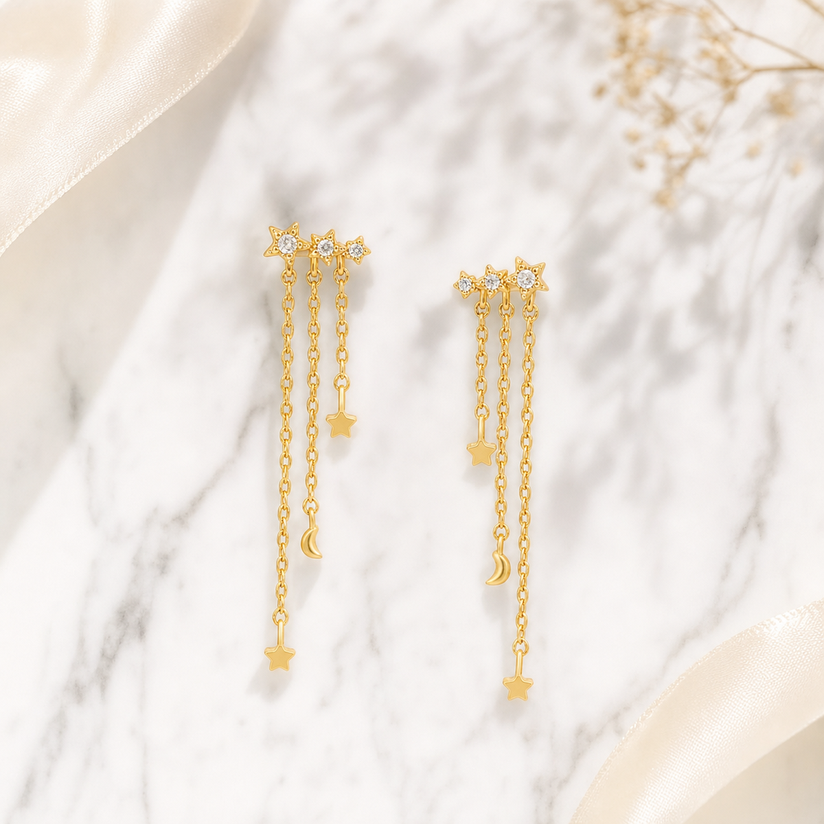 Celestial Star & Moon Chain Drop Earrings, Whimsical Charm