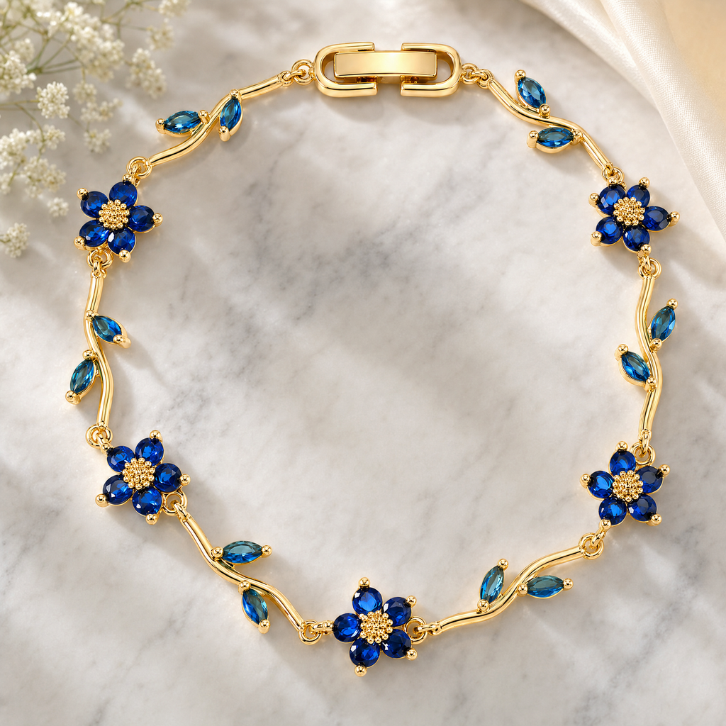 Blue Crystal Floral Vine Bracelet, Gold Plated Brass Marquise Leaf Detail