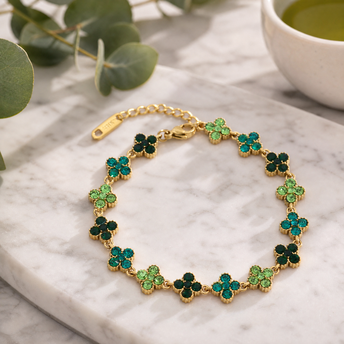 Ombre Crystal Clover Chain Bracelet, 18K Gold Plated Waterproof Four-Leaf Clover