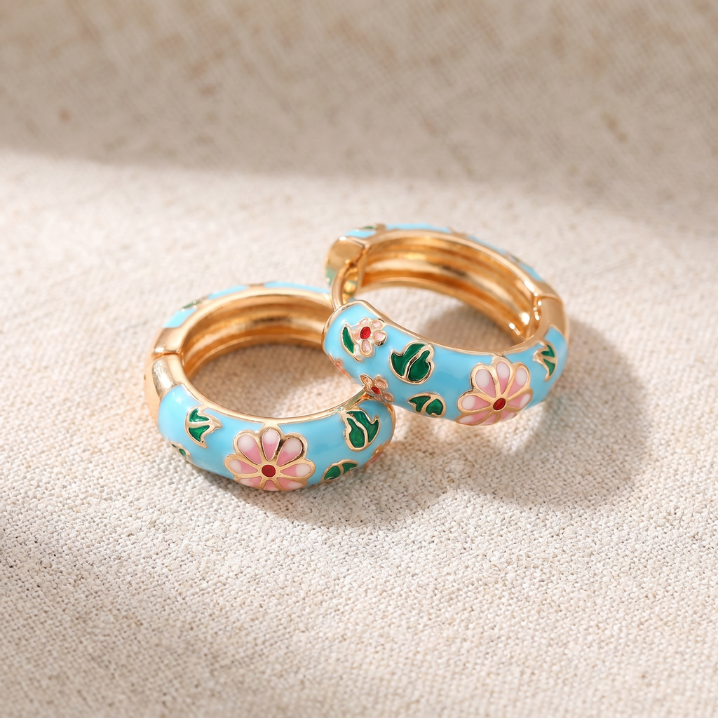 Floral Enamel Chunky Huggie Hoop Earrings, 6 Colorways