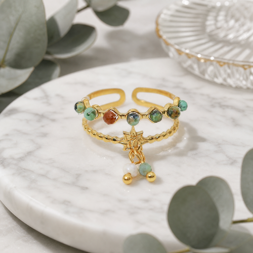 Beaded Double-Band Star Charm Ring