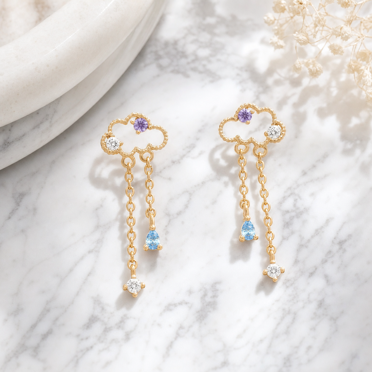CZ Cloud Chain Drop Earrings, Multicolor Stone Accents