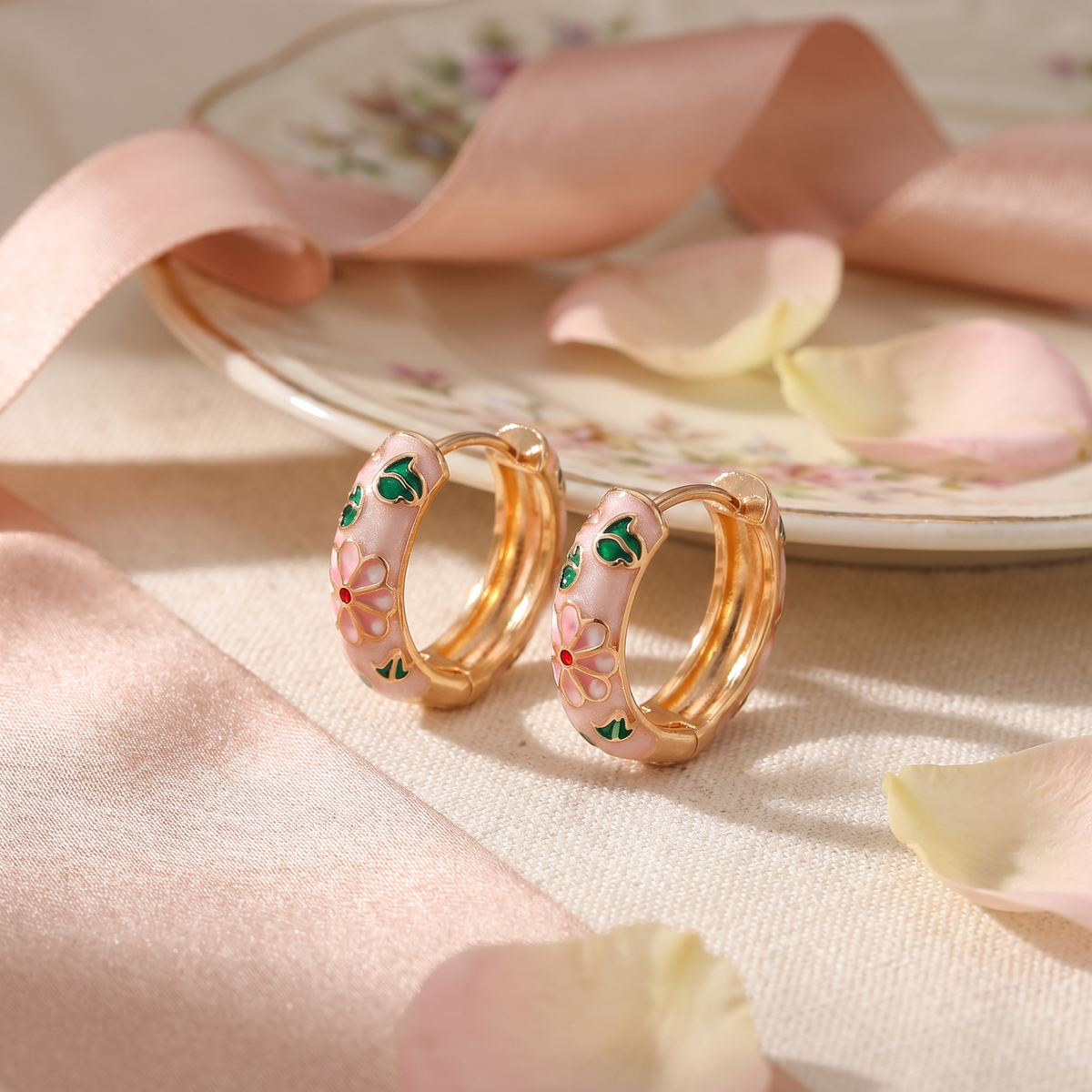 Floral Enamel Chunky Huggie Hoop Earrings, 6 Colorways