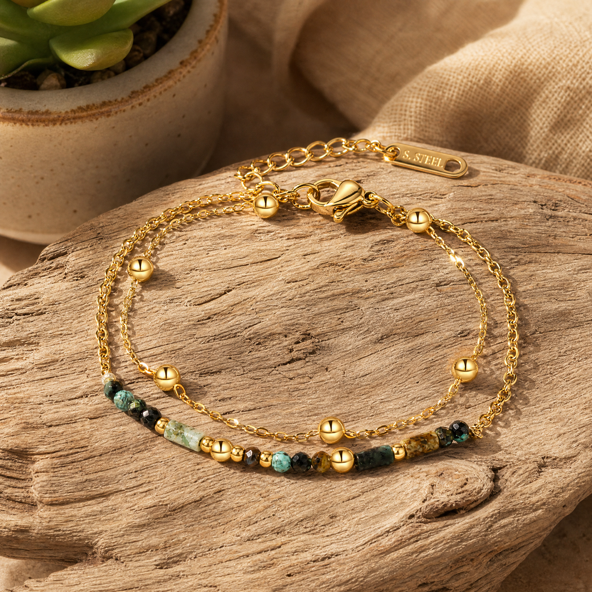 Double-Layer Beaded Boho Chain Bracelet, 14K Gold Plated Adjustable Extender