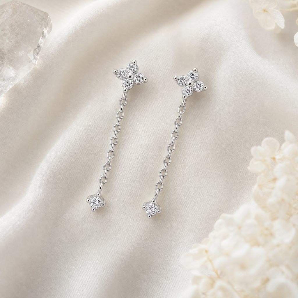 Sterling Silver Floral Crystal Chain Drop Earrings, Four-Petal