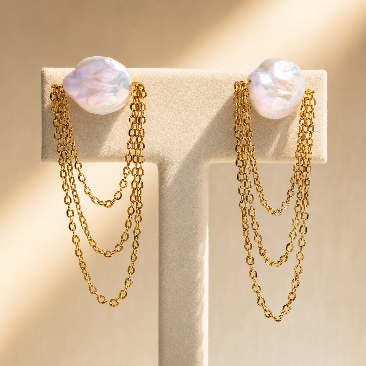 Pearl Layered Chain Drop Earrings, Gold & Silver Tones