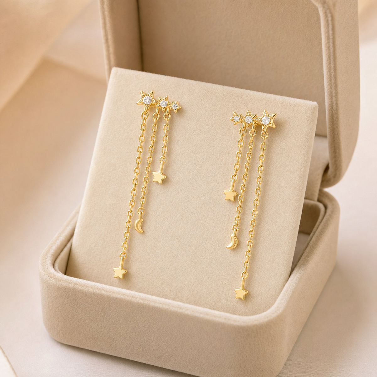 Celestial Star & Moon Chain Drop Earrings, Whimsical Charm
