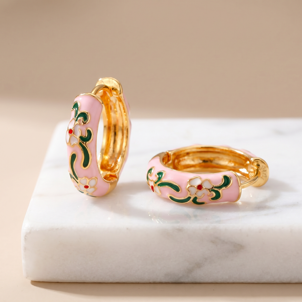 Floral Enamel Chunky Huggie Hoop Earrings, 6 Colorways
