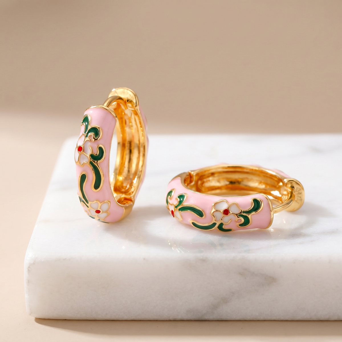 Floral Enamel Chunky Huggie Hoop Earrings, 6 Colorways
