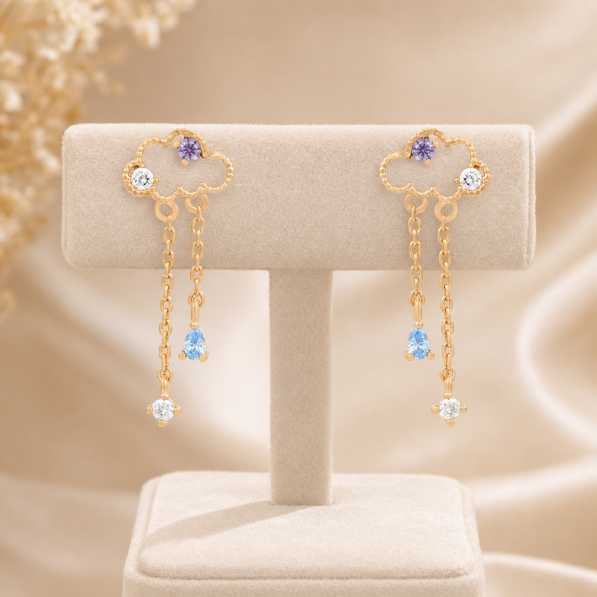 CZ Cloud Chain Drop Earrings, Multicolor Stone Accents