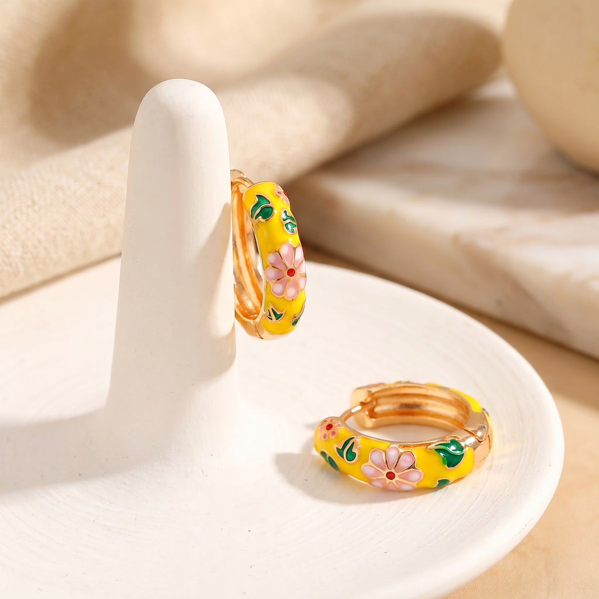 Floral Enamel Chunky Huggie Hoop Earrings, 6 Colorways