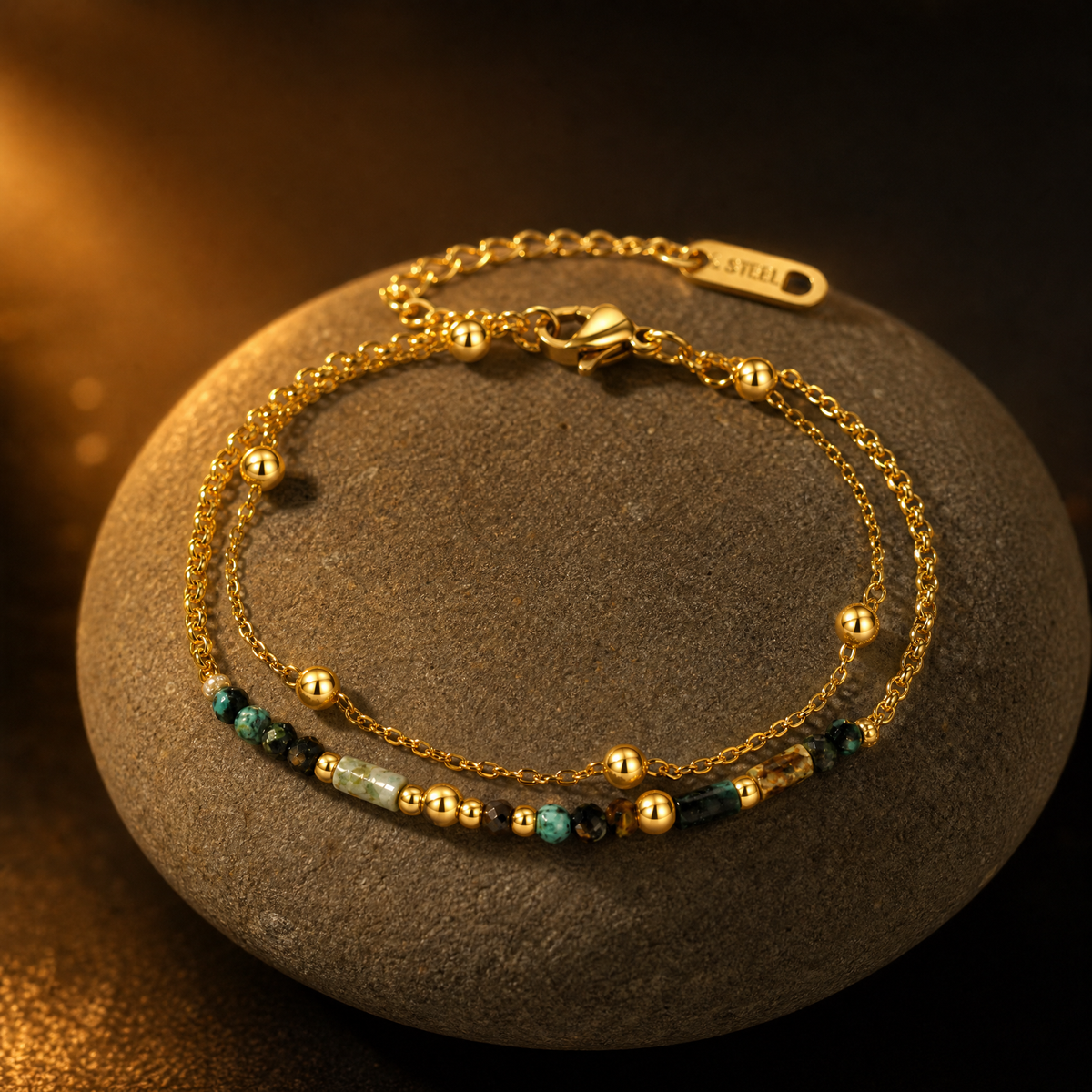 Double-Layer Beaded Boho Chain Bracelet, 14K Gold Plated Adjustable Extender