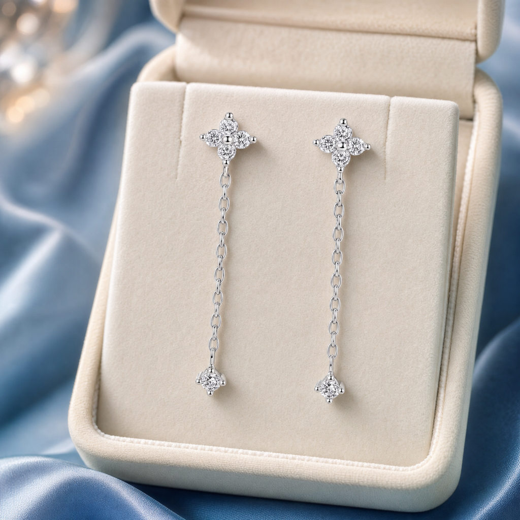 Sterling Silver Floral Crystal Chain Drop Earrings, Four-Petal