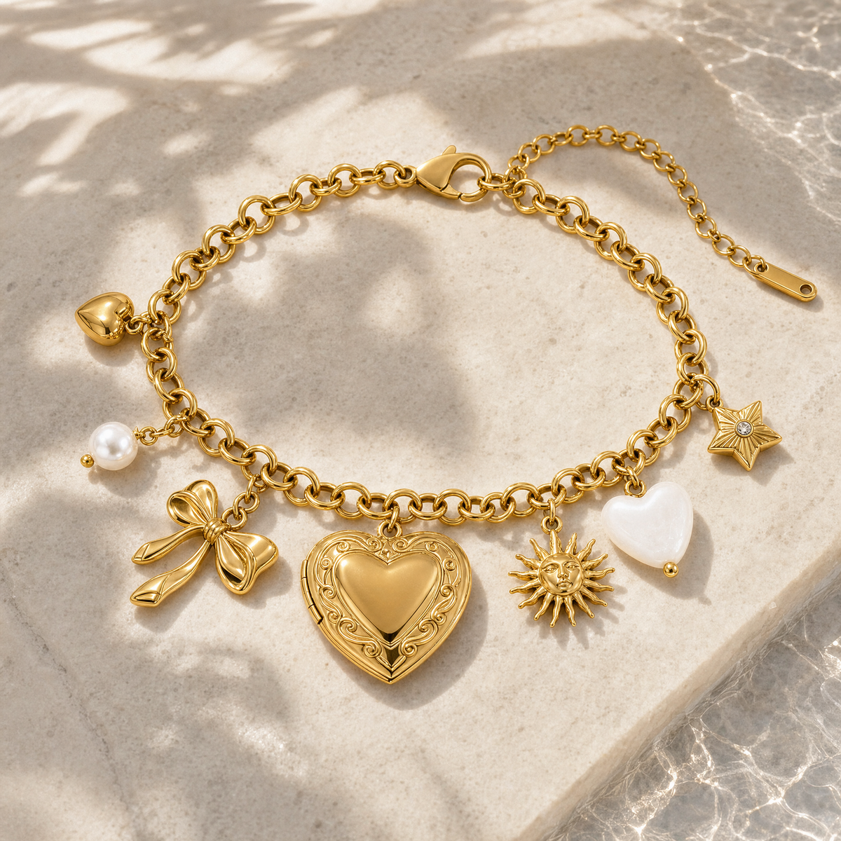 Chunky Mixed Charm Locket Bracelet, 18K Gold Plated Heart & Star Charms