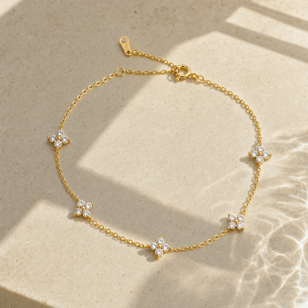Crystal Flower Bracelet, 14K Gold Plated Sterling Silver Cable Chain