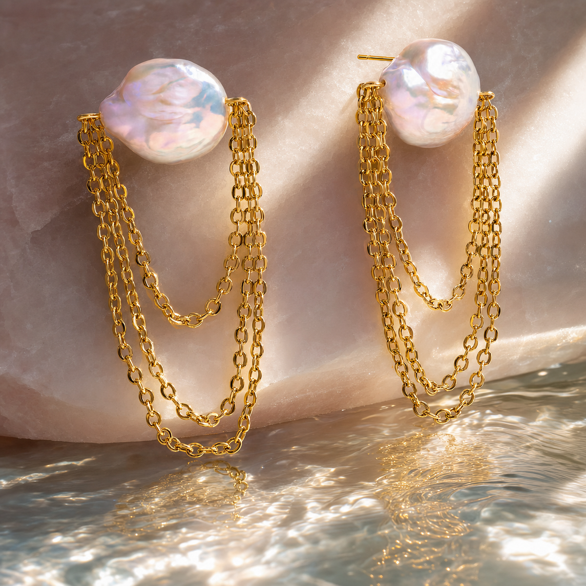 Pearl Layered Chain Drop Earrings, Gold & Silver Tones
