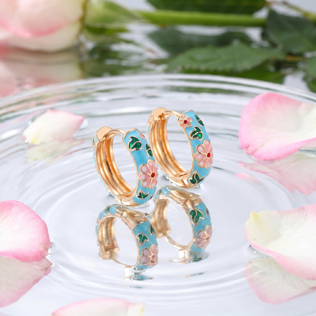 Floral Enamel Chunky Huggie Hoop Earrings, 6 Colorways