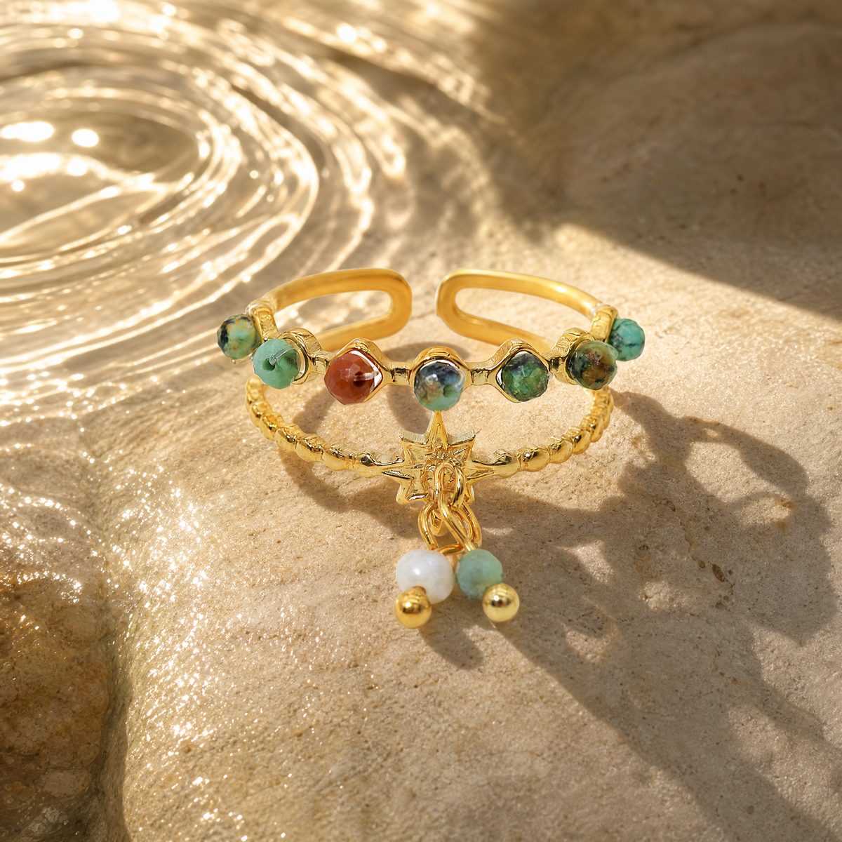 Beaded Double-Band Star Charm Ring