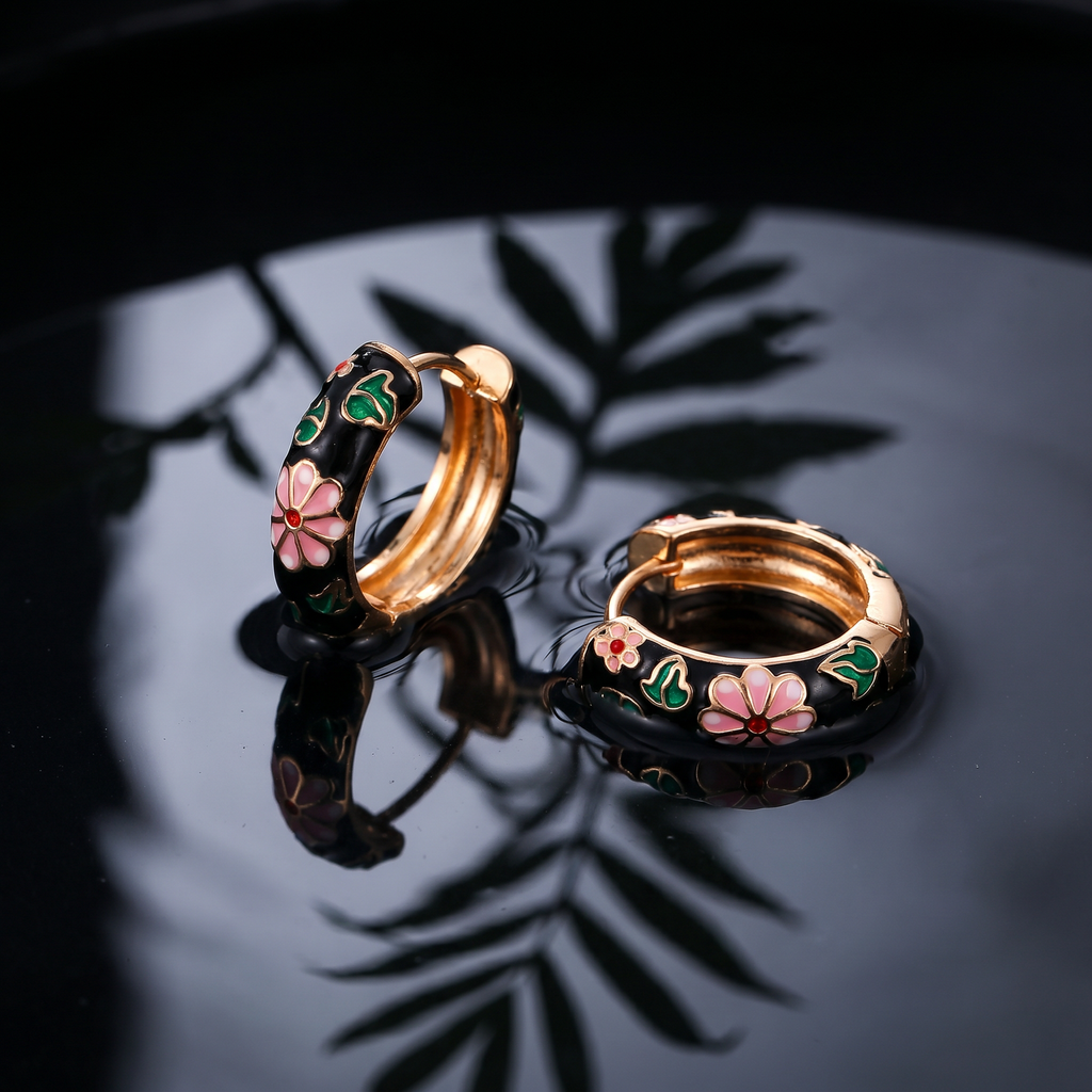 Floral Enamel Chunky Huggie Hoop Earrings, 6 Colorways
