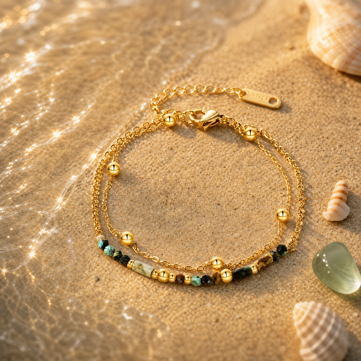Double-Layer Beaded Boho Chain Bracelet, 14K Gold Plated Adjustable Extender