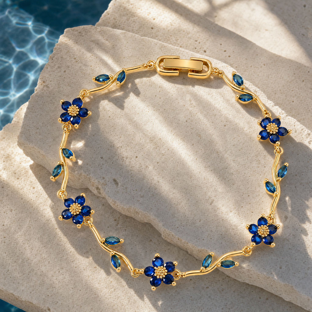 Blue Crystal Floral Vine Bracelet, Gold Plated Brass Marquise Leaf Detail