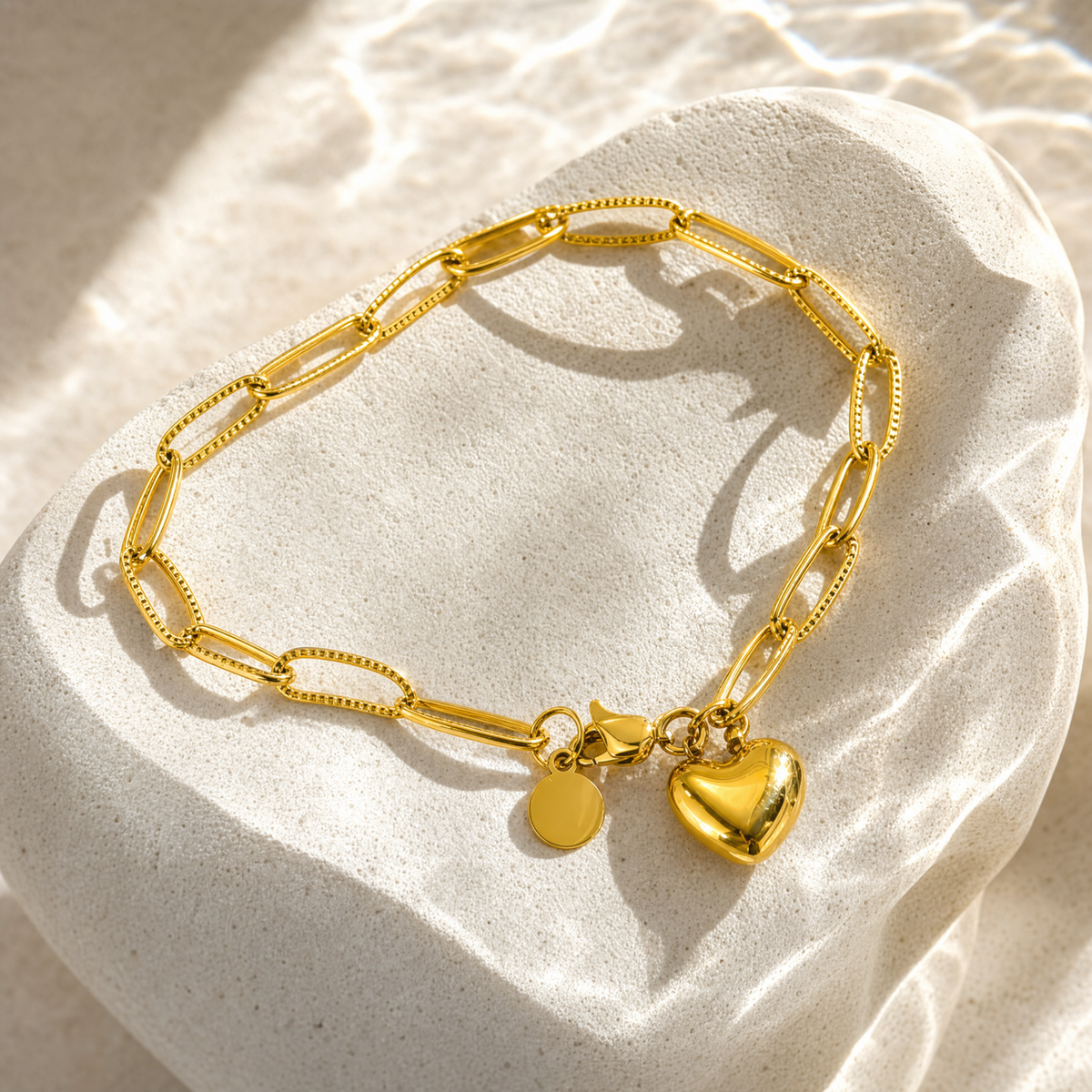 Textured Paperclip Heart Charm Bracelet, 18K Gold Plated Adjustable Chain