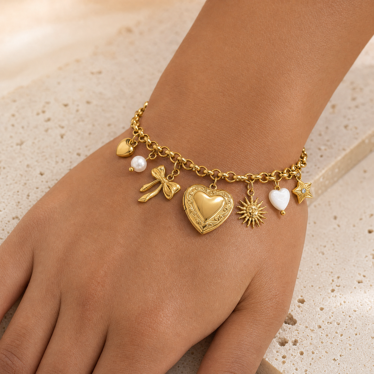 Chunky Mixed Charm Locket Bracelet, 18K Gold Plated Heart & Star Charms