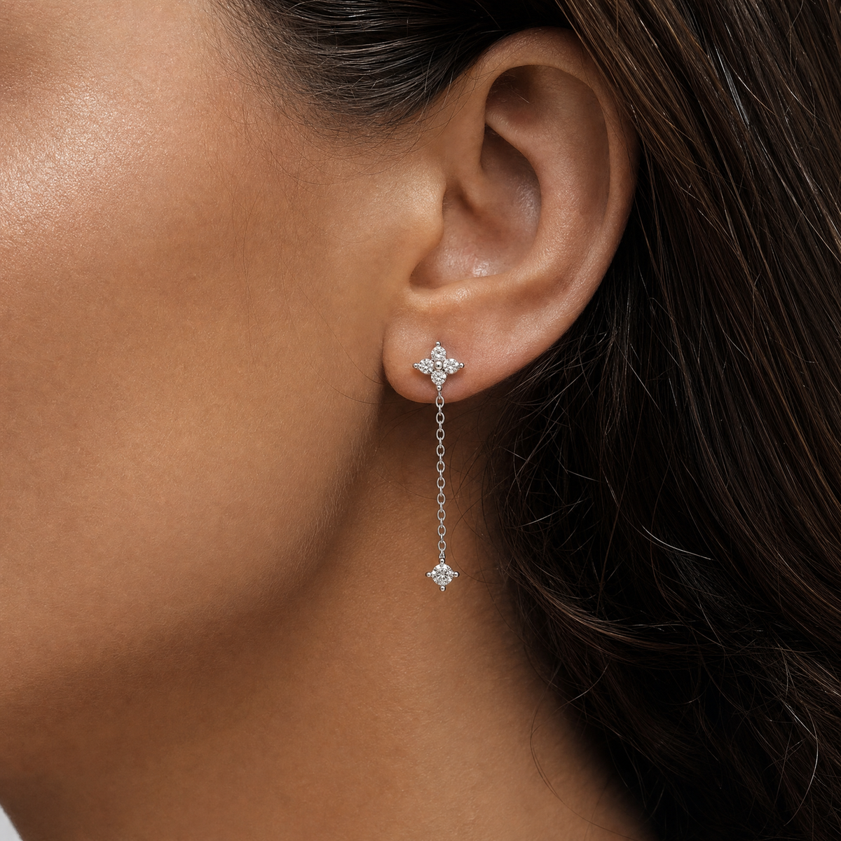 Sterling Silver Floral Crystal Chain Drop Earrings, Four-Petal
