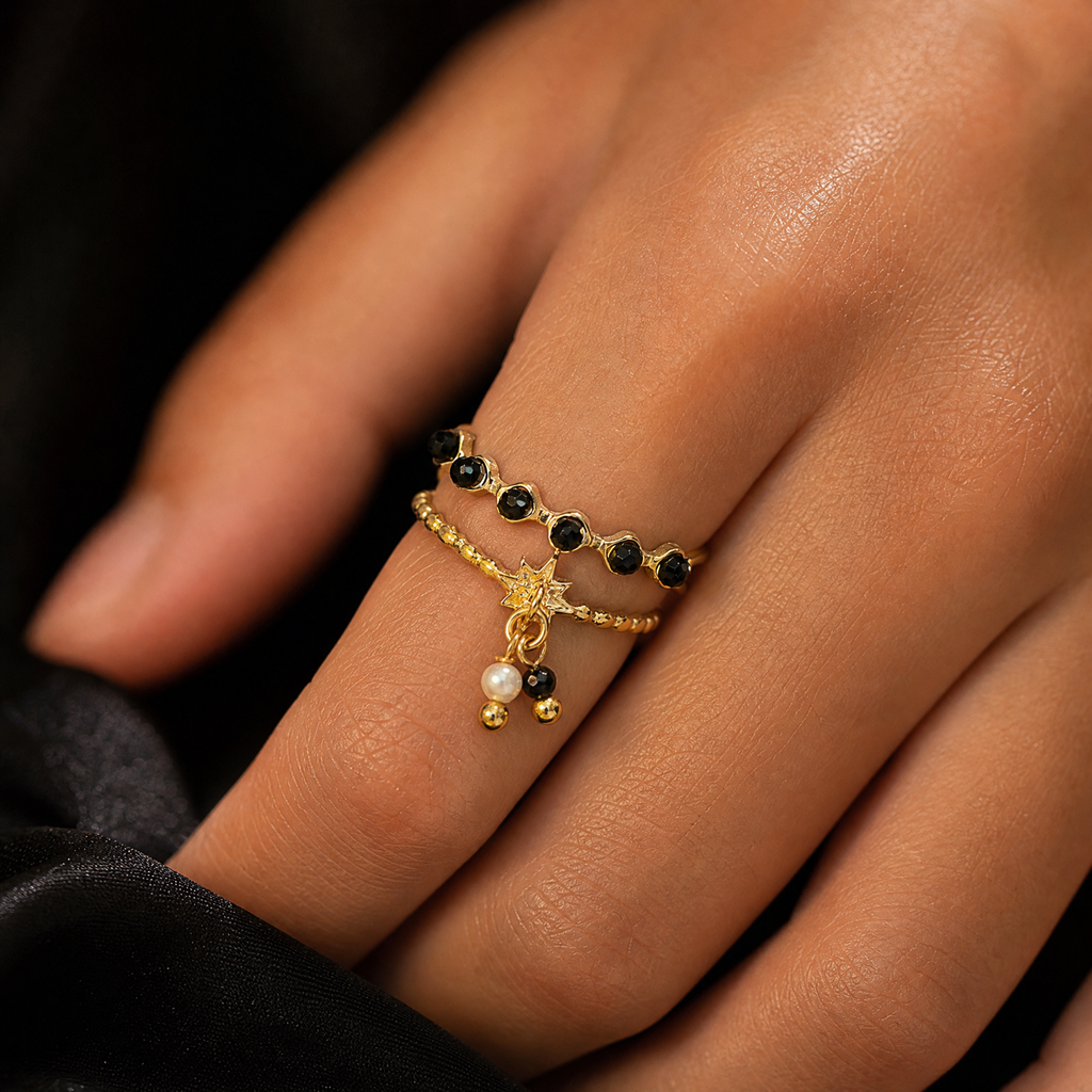 Beaded Double-Band Star Charm Ring