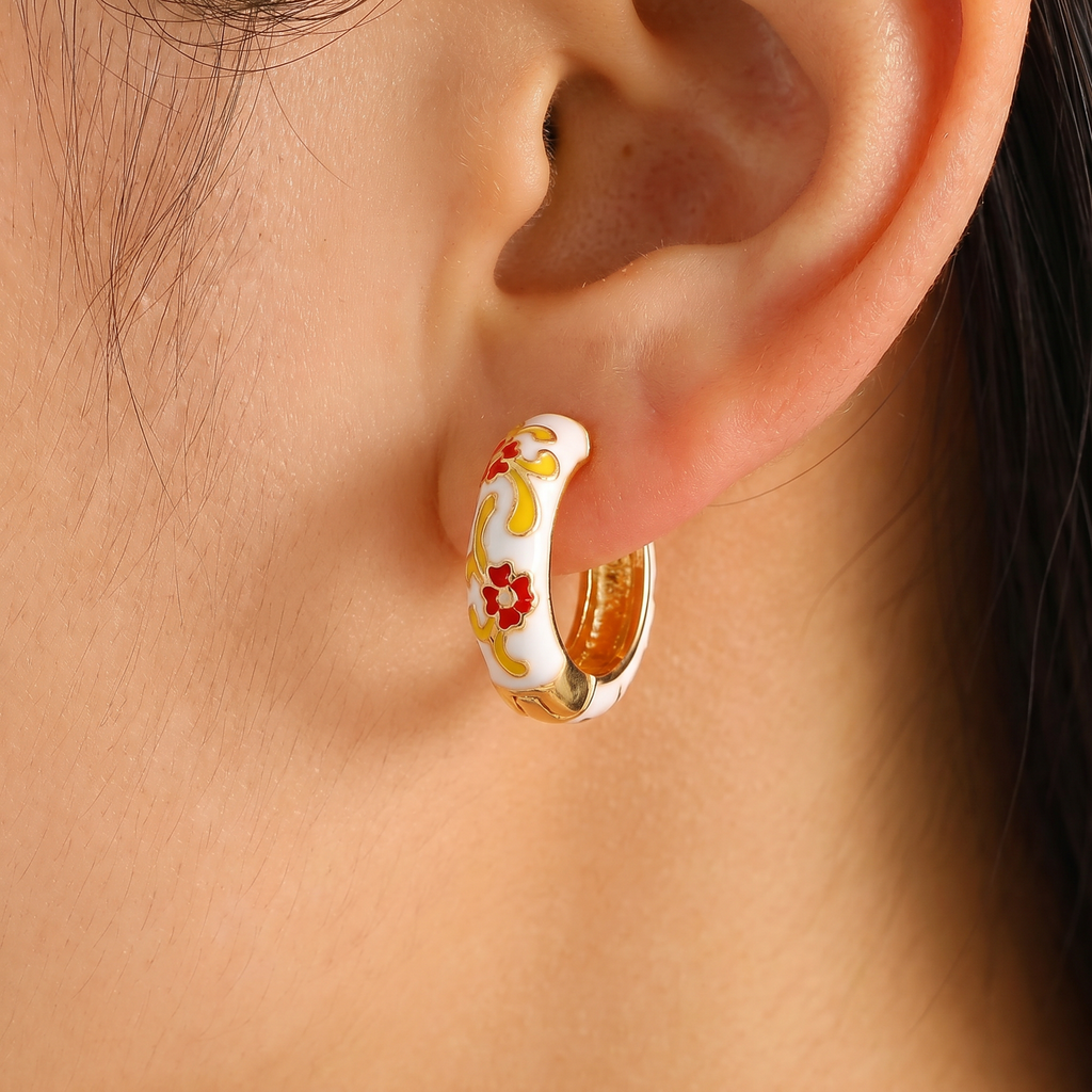 Floral Enamel Chunky Huggie Hoop Earrings, 6 Colorways