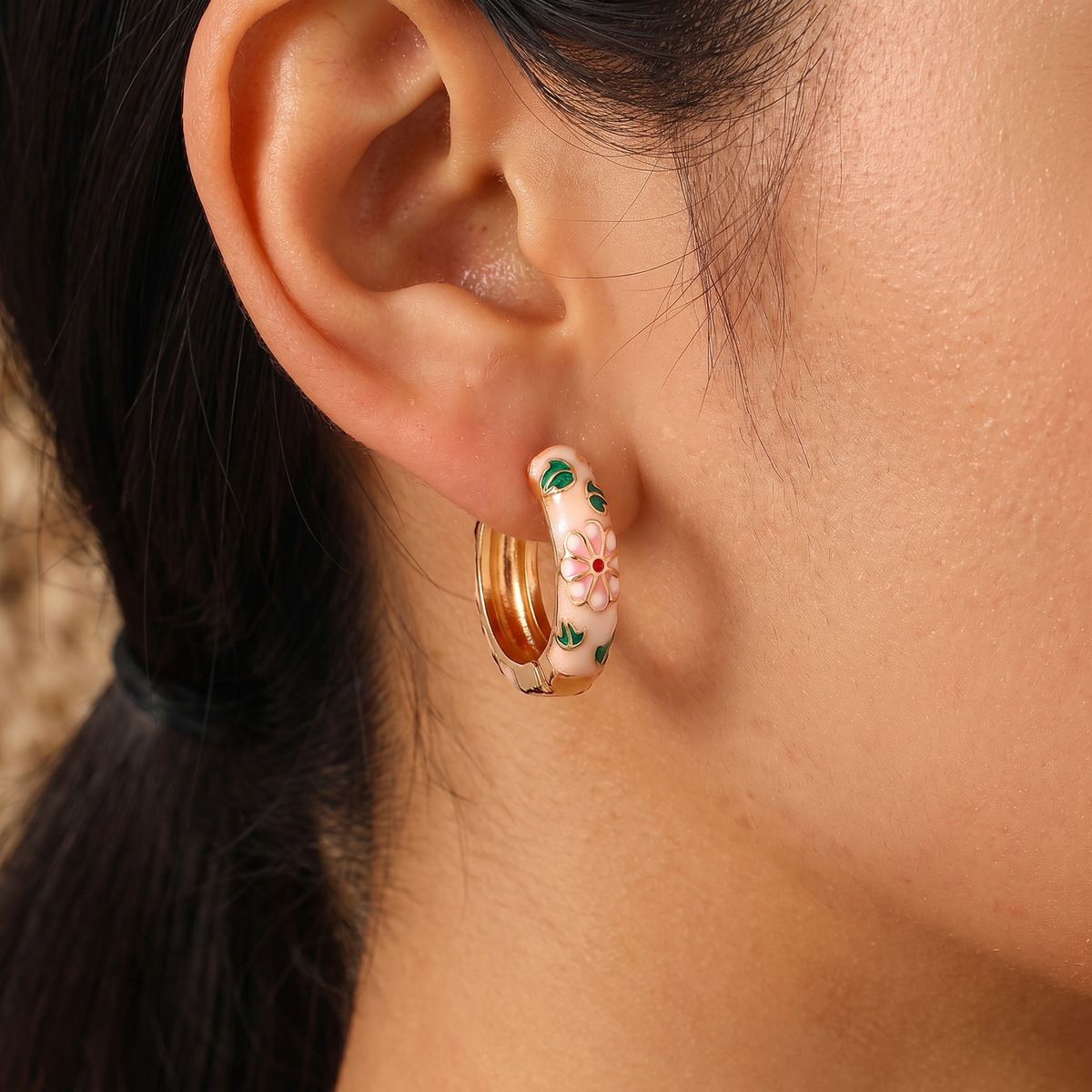 Floral Enamel Chunky Huggie Hoop Earrings, 6 Colorways
