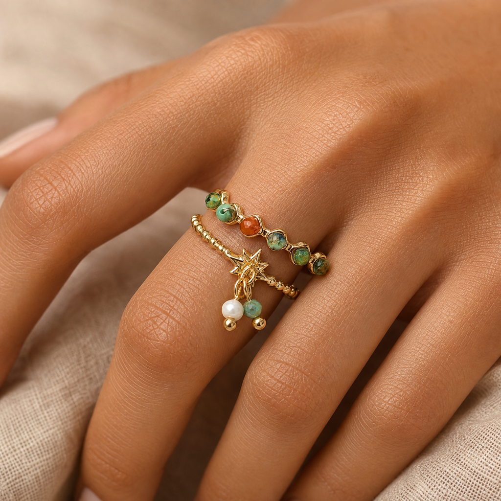 Beaded Double-Band Star Charm Ring