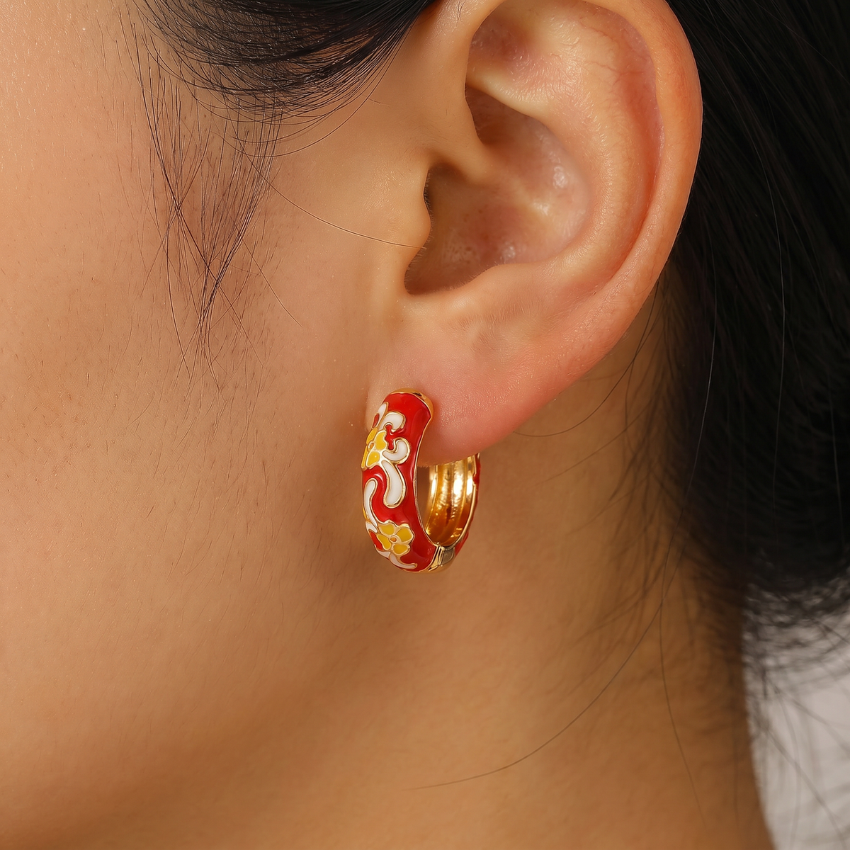 Floral Enamel Chunky Huggie Hoop Earrings, 6 Colorways