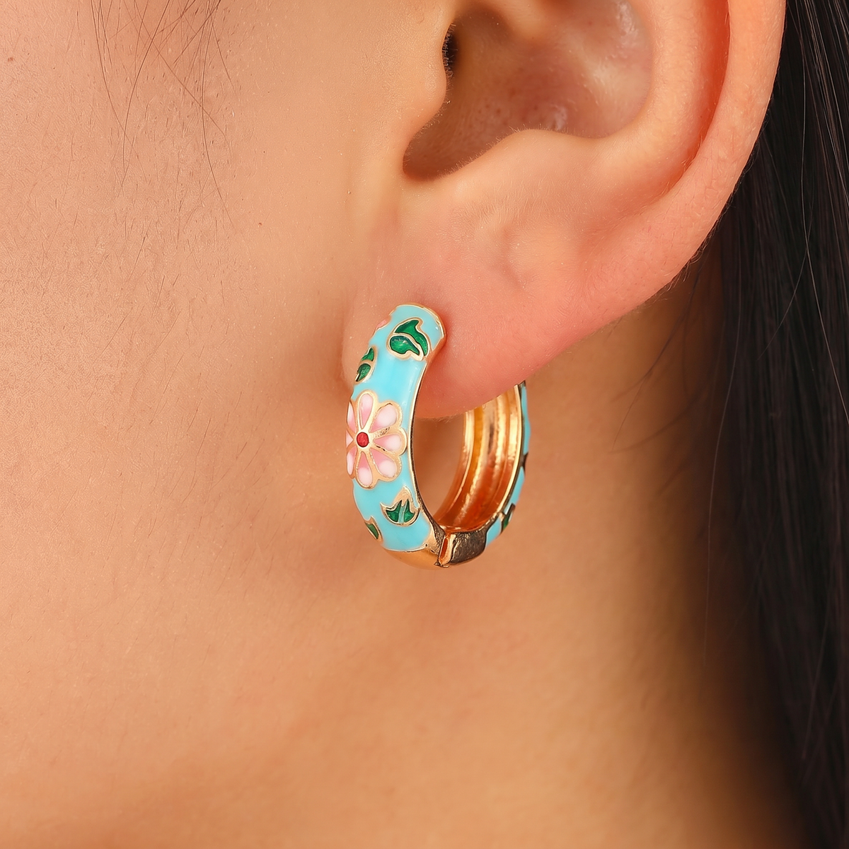 Floral Enamel Chunky Huggie Hoop Earrings, 6 Colorways