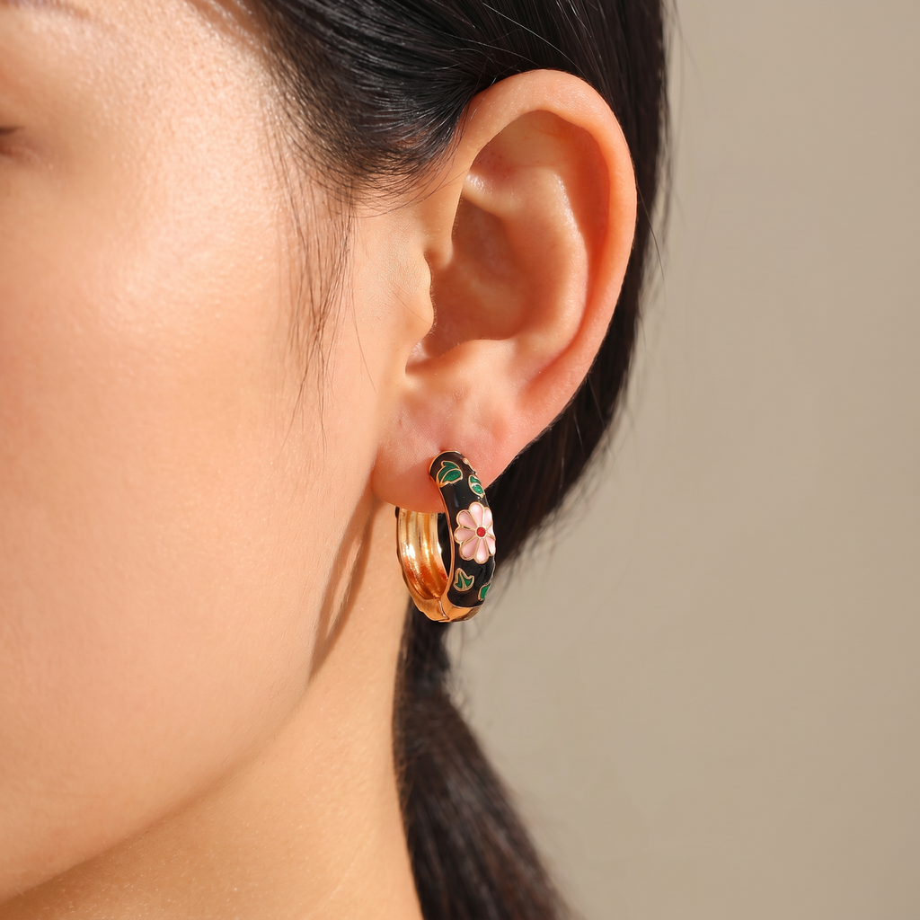 Floral Enamel Chunky Huggie Hoop Earrings, 6 Colorways