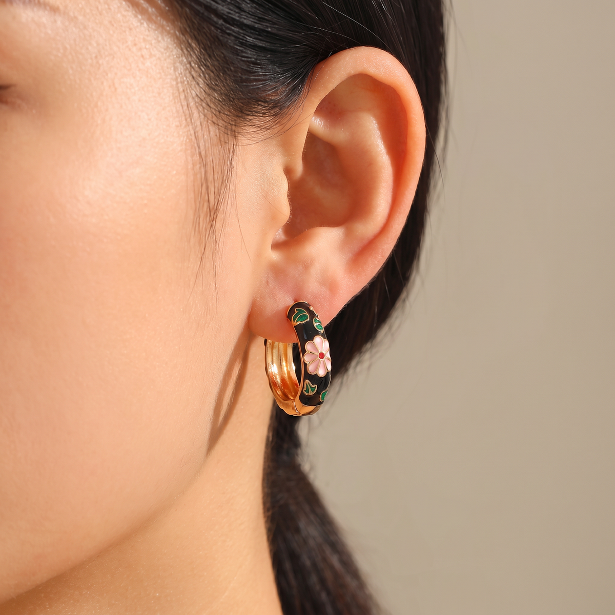 Floral Enamel Chunky Huggie Hoop Earrings, 6 Colorways