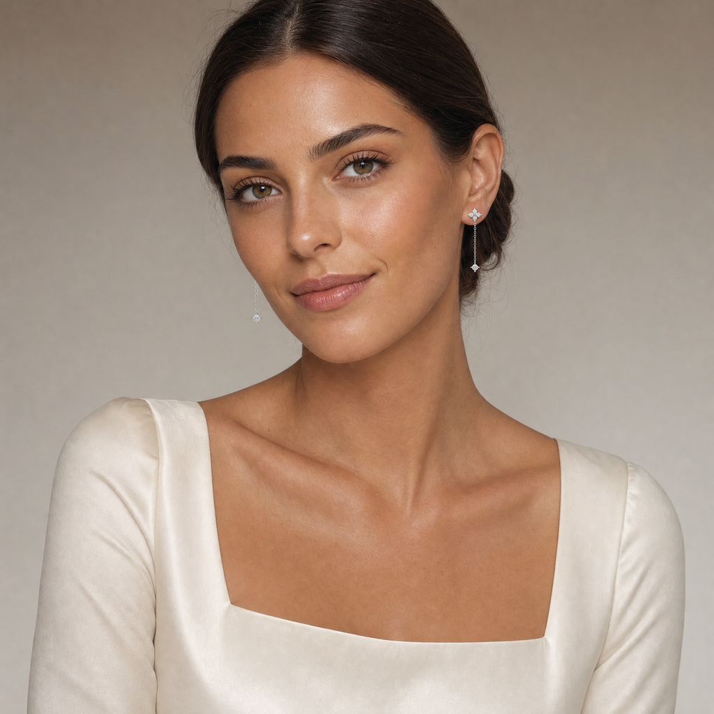 Sterling Silver Floral Crystal Chain Drop Earrings, Four-Petal