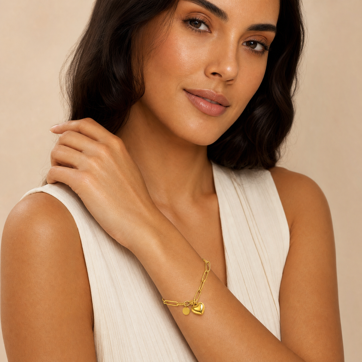 Textured Paperclip Heart Charm Bracelet, 18K Gold Plated Adjustable Chain