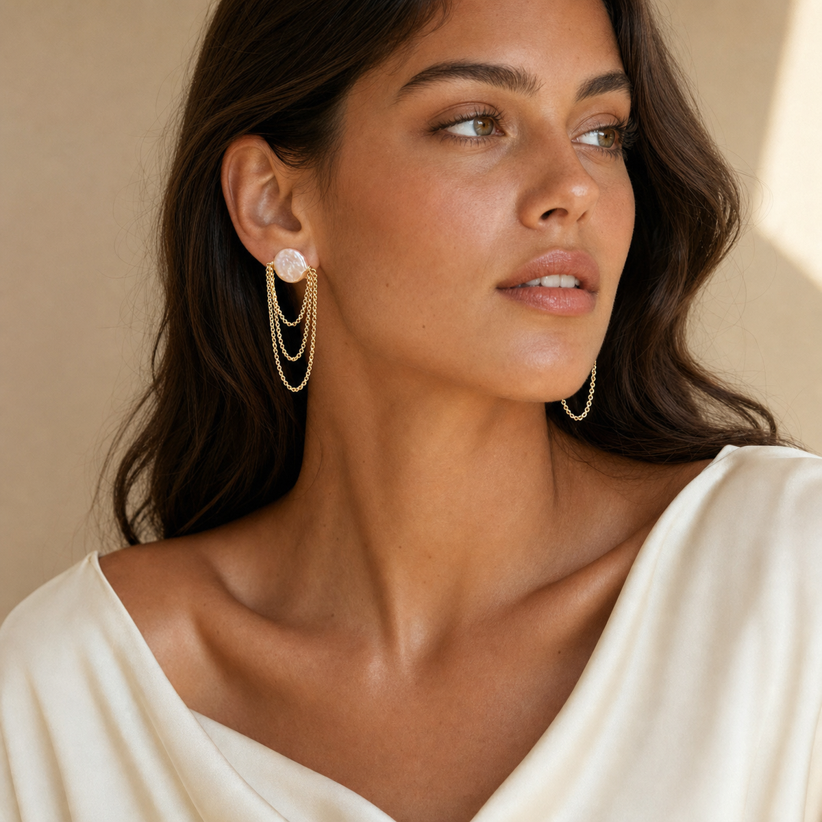 Pearl Layered Chain Drop Earrings, Gold & Silver Tones