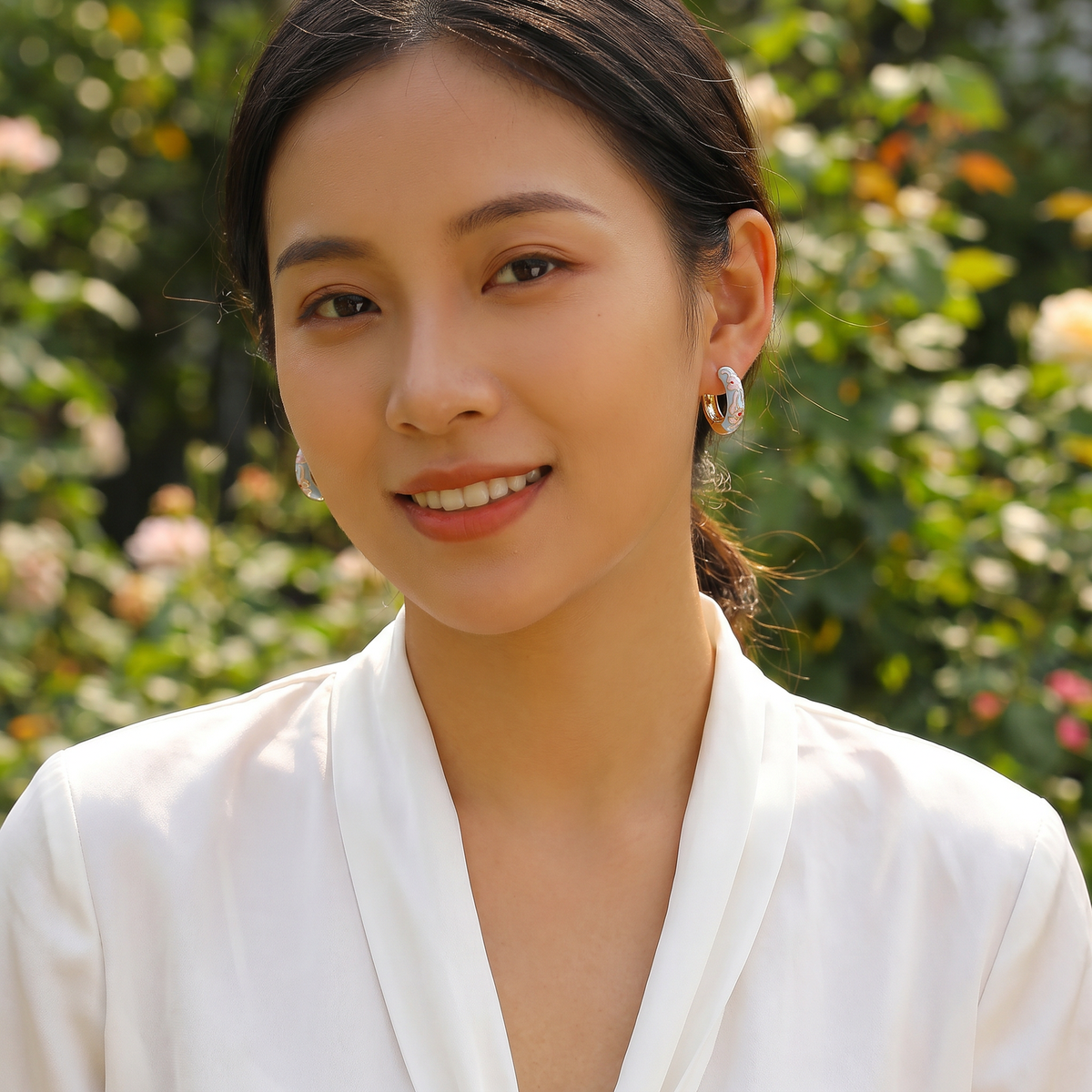 Floral Enamel Chunky Huggie Hoop Earrings, 6 Colorways