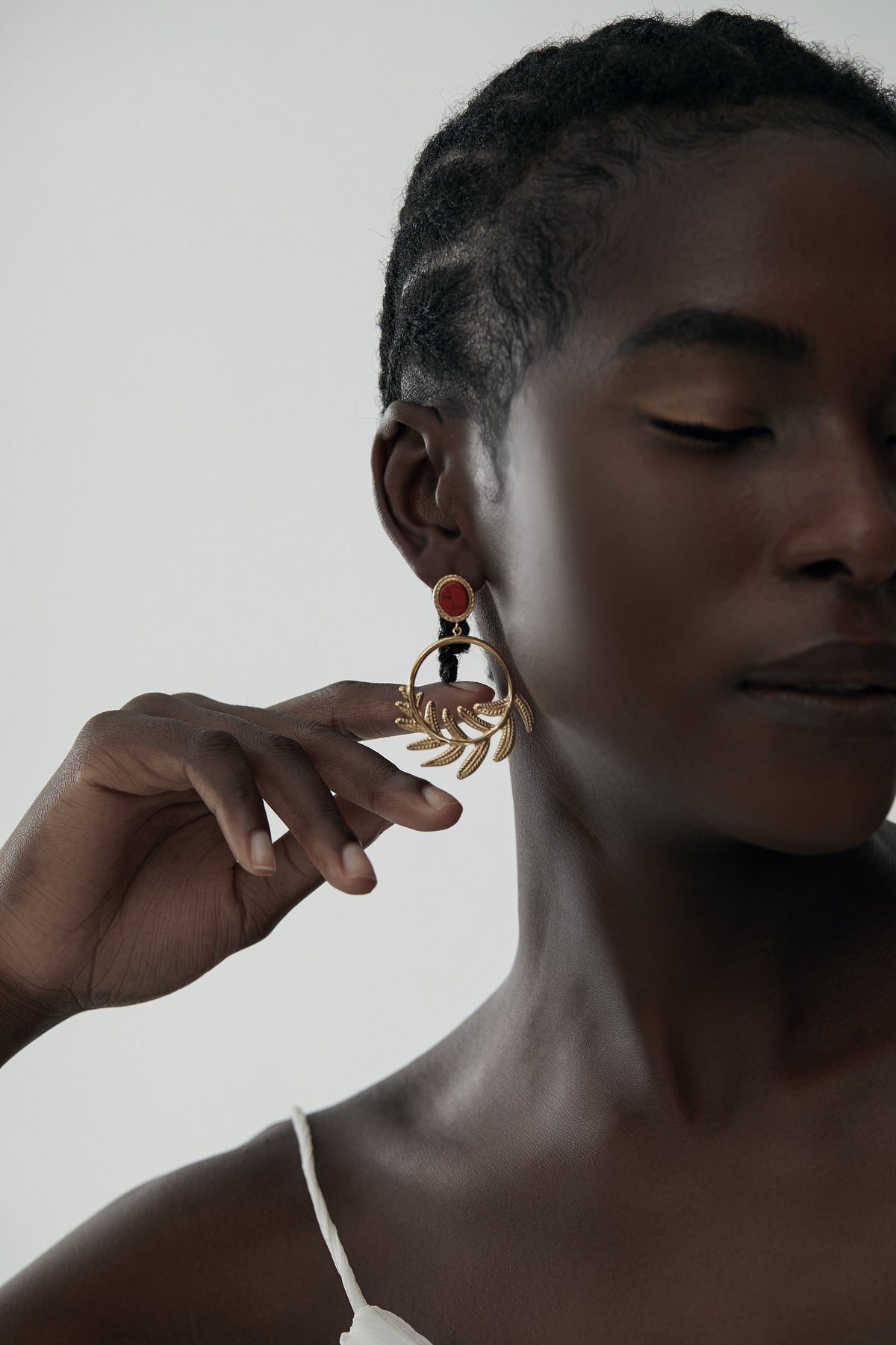 Fern Leaf Dangle Drop Hoop Earrings, Brushed Disc Detail