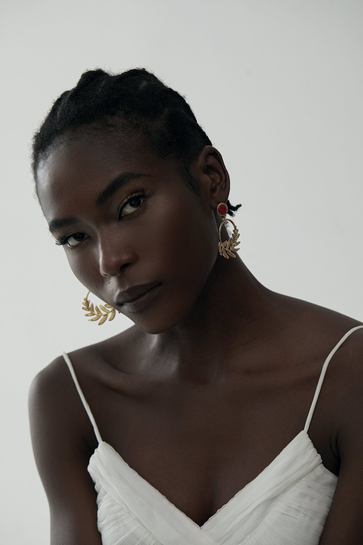 Fern Leaf Dangle Drop Hoop Earrings, Brushed Disc Detail